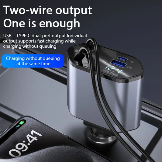 ClearCharge 4-in-1  Angle Adjustable 120W Car Power Hub with Retractable Cables & LED Display