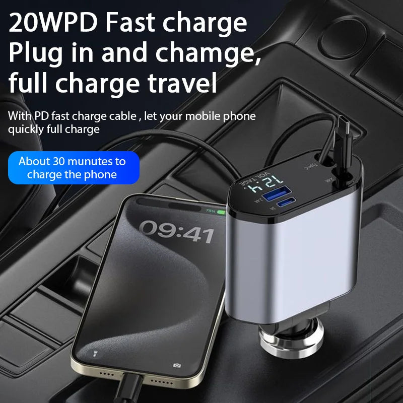 ClearCharge 4-in-1  Angle Adjustable 120W Car Power Hub with Retractable Cables & LED Display
