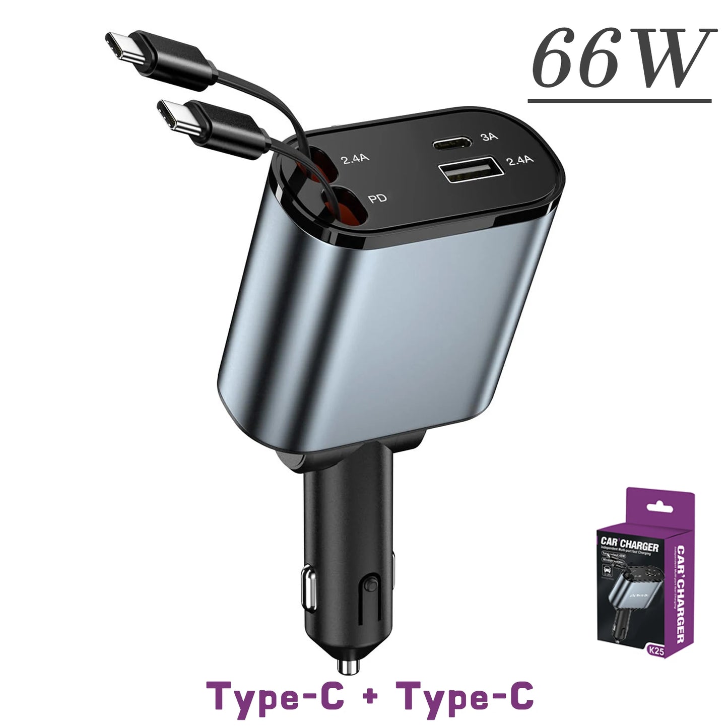 ClearCharge 4-in-1  Angle Adjustable 120W Car Power Hub with Retractable Cables & LED Display