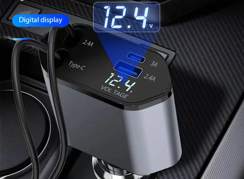 ClearCharge 4-in-1  Angle Adjustable 120W Car Power Hub with Retractable Cables & LED Display