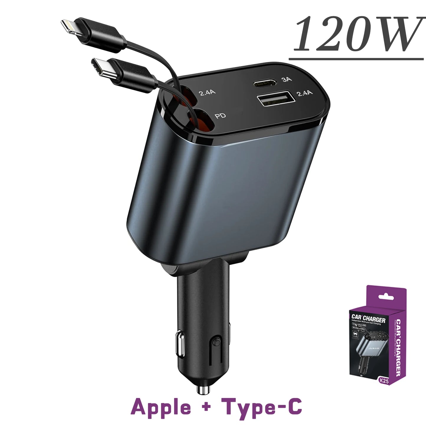 ClearCharge 4-in-1  Angle Adjustable 120W Car Power Hub with Retractable Cables & LED Display