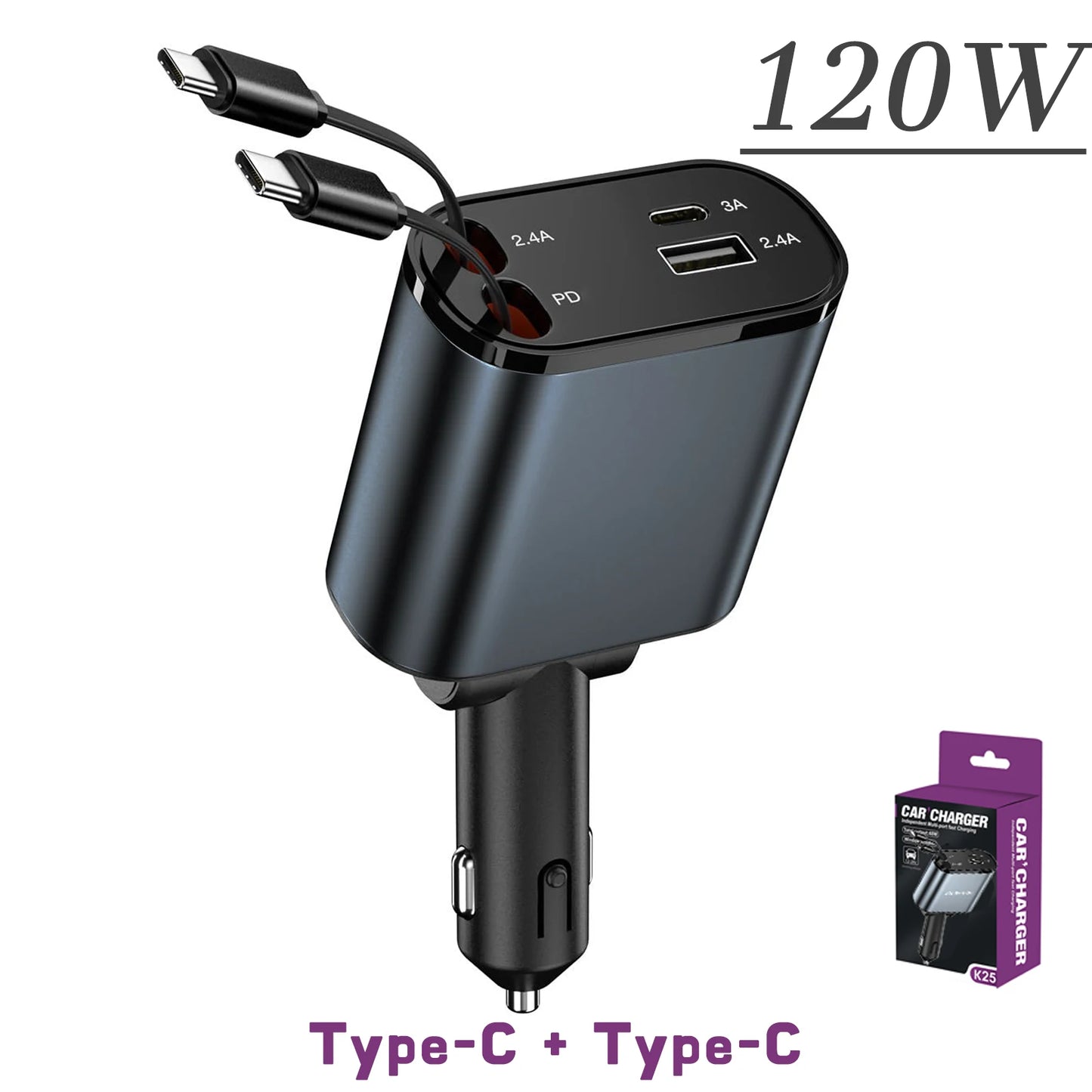 ClearCharge 4-in-1  Angle Adjustable 120W Car Power Hub with Retractable Cables & LED Display